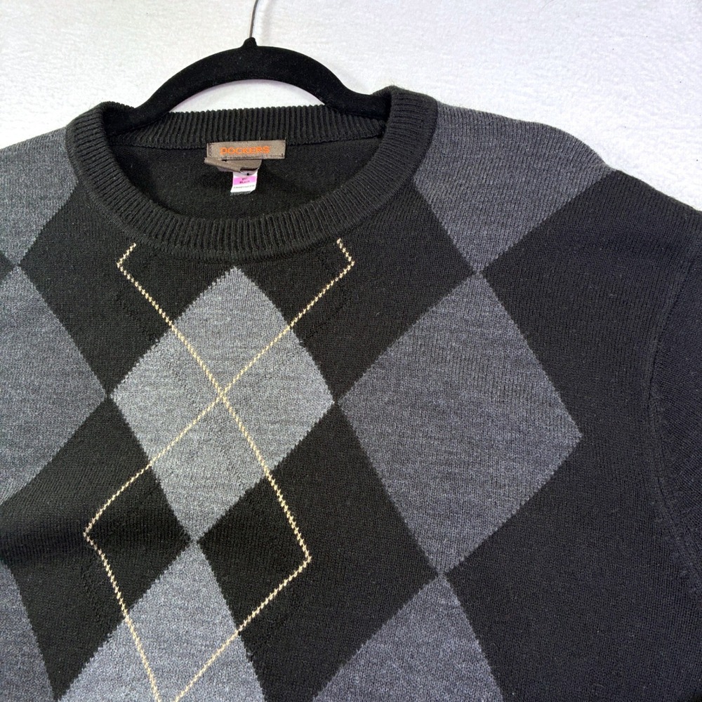 Dockers Mens XXL Black Argyle Crewneck Sweater Long Sleeve 100% Acrylic Knit